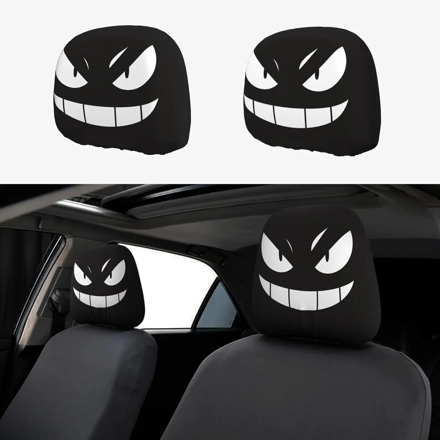 2Pcs Car Seat Headrest Cover Halloween Scary Face Printed Soft Protector | Washable Elastic Head Rest Cover,Scratch Dust Resistant,Universal Fit Car Interior Accessories,Suvs Truck Van Vehicles Auto