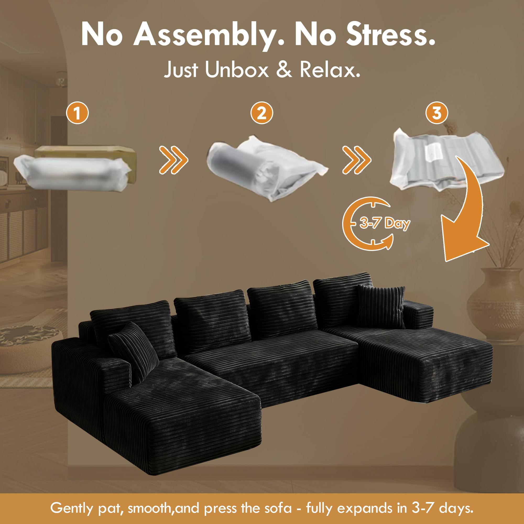 132-Inch Oversized Boneless Cloud U-Shaped Modular Sectional Sofa with Chaise, Modern Ruffled-Textured Couch, Deep Comfortable Seating, Tool-Free Assembly, 2-Separate-Package Shipment, Ideal for Living Rooms