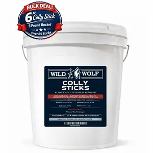 6" Beef CollyStick Bucket by Wild Wolf (5lbs./~85-95 Sticks) 100% Natural Dog Chew Treats - Single-ingredient - Loaded with Nutrients - No Additives or Unhealthy Chemicals - Stick Count Varies by Weight