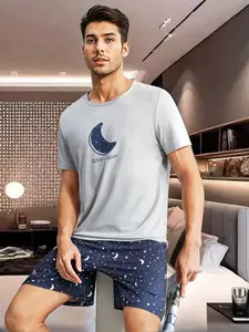 Men's Moon & Slogan Print T-Shirt, Galaxy Printed Shorts Pajama Set, Comfortable Sleepwear, Casual Loungewear, All-Season Wear
