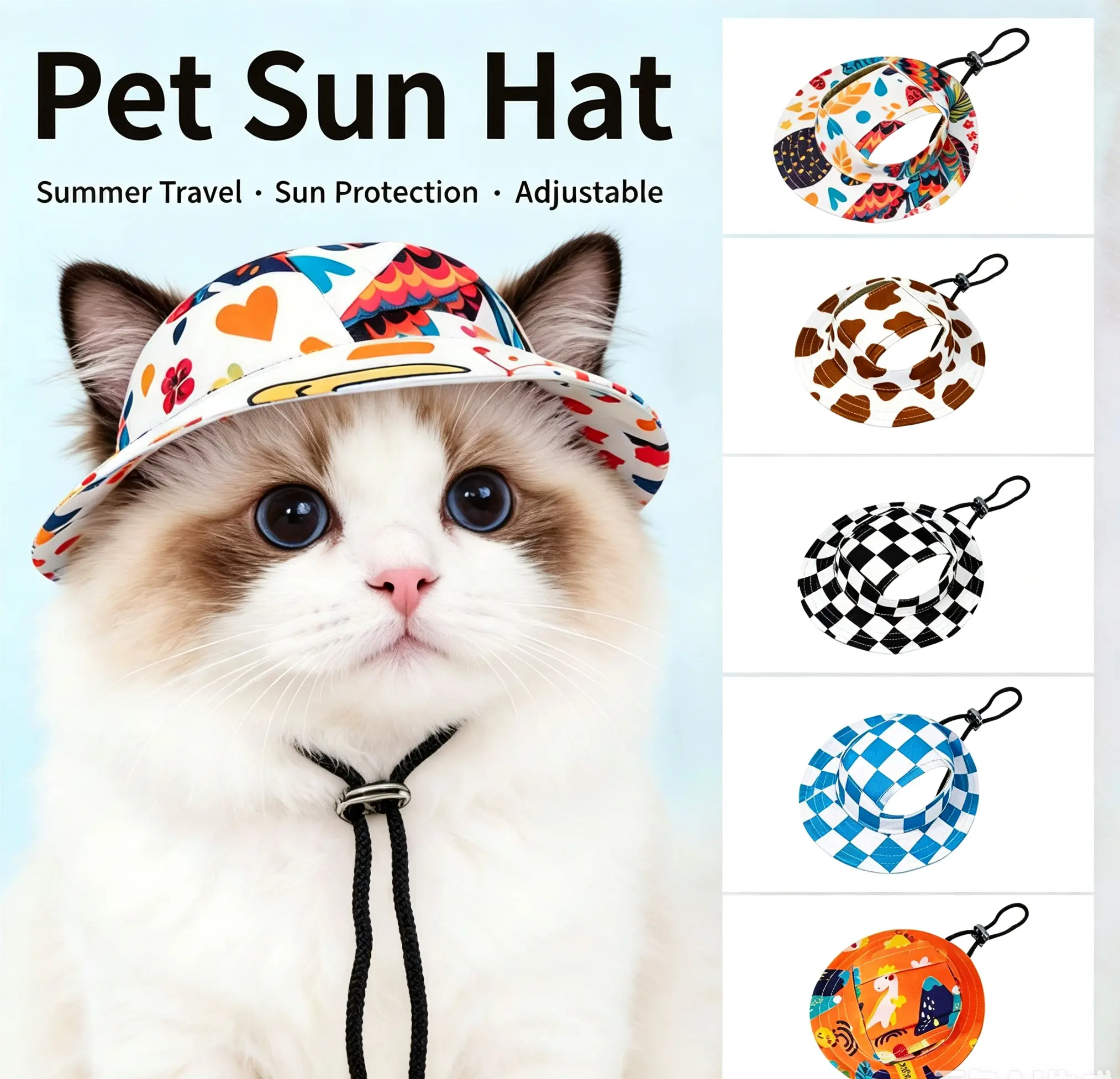 Printed Pet Sun Hat, Breathable UV Shield Bucket Cap for Small Medium Large Dogs Cats