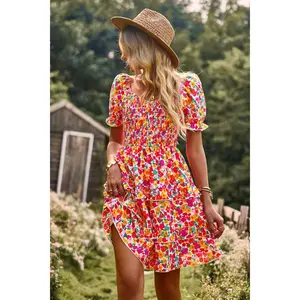 Smocked Sweetheart Neck Flounce Sleeve Mini Dress