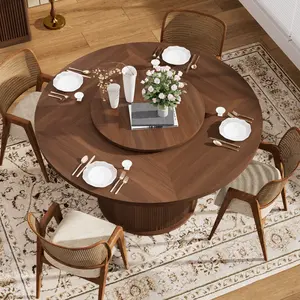 OPUL 55-Inch Farmhouse Wood Kitchen Round Dining Table for Six, Featuring A Double-Tiered Storage Rack and A Rotating Table Top Tray. Wooden Wavy-Striped Sliding Doors. Ideal for Home Dining Room Living Room (Walnut)