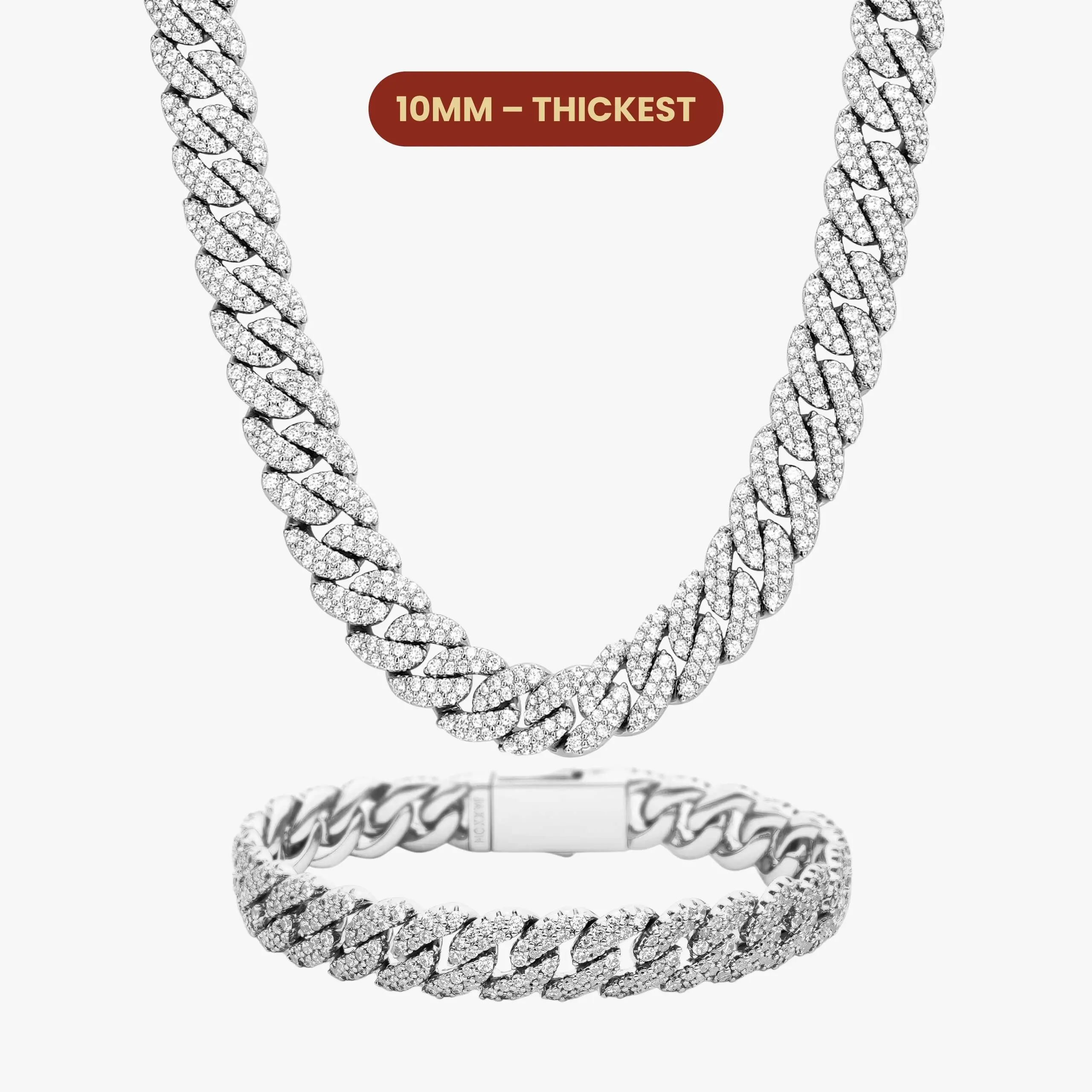 JAXXON Iced Out Cuban Set 10mm - Silver - Rhodium Bonded for Shine & Durability - Box Clasp JAXXON Iced Out Cuban Set 10mm - Silver - Rhodium Bonded for Shine & Durability - Box Clasp