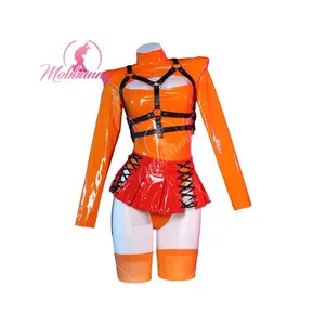Mobbunny Women Velma Cosplay Costume Women Lingerie Orange Chest Open Bodysuit and Lace-up Mini Skirt with Socks for Halloween