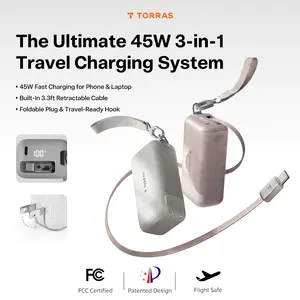 TORRAS PowerGo 3-in-1 Charger Power Bank 45W Fast Charging 10000mAh Portable Battery with 3.3ft Retractable Cable Travel Hook for iPhone iPad MacBook Galaxy - Compact, Device