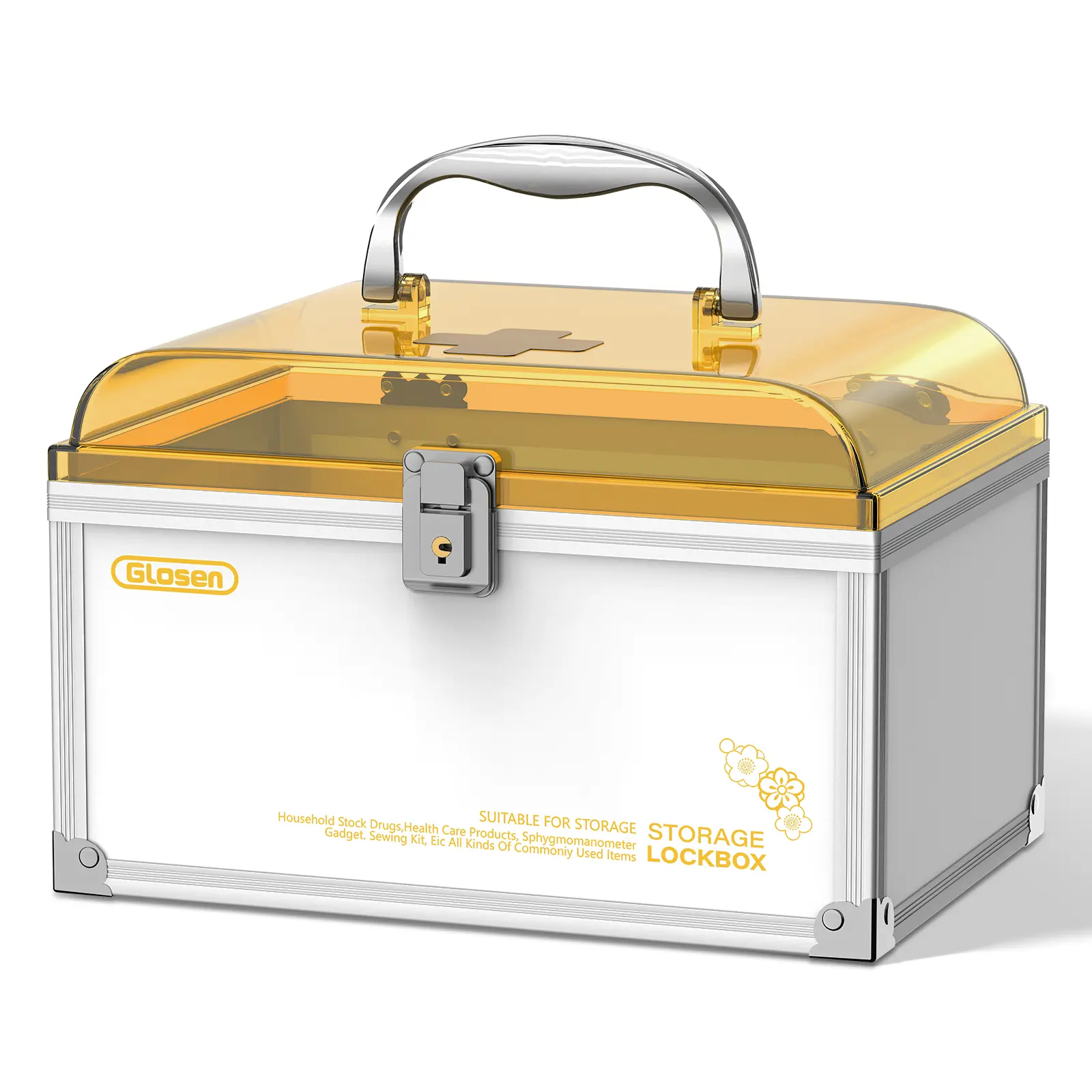 GLOSEN Metal High-Capacity Storage Box with Handle and Lock, Durable Aluminum Alloy Dustproof Organizer Boxes, Translucent Moistureproof Top, Lightweight Home Safety Organizer for Household Medicine, Personal Items
