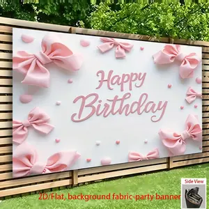 2D Flat, 1pc Pastel Pink Bow Birthday Party Banner - 2D Flat Fabric Backdrop with "Happy Birthday" Cursive Text, Pink Bows & Balloons, Perfect for Home, Office, Cafe, or Bar Decorations, Birthday Party Decorations White