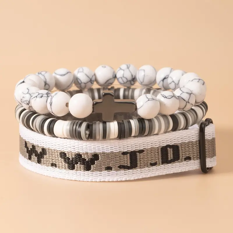 WWJD Beaded Bracelet, Charm Bracelets, Fashionable Cross Charm Decor Bracelet for Women & Men, Trendy Versatile & Exquisite Jewelry for Birthday Gift