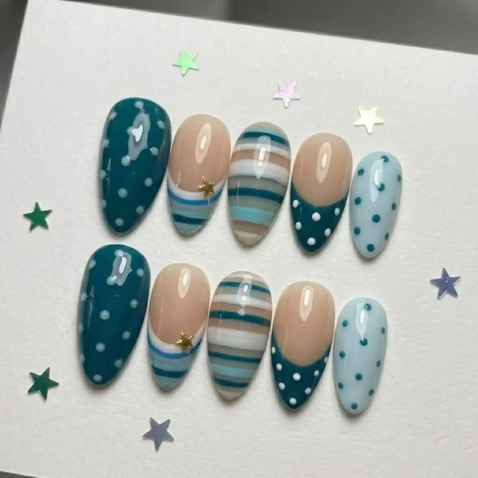 Summer Teal Blue Press On Nails | Cute Polka Dot Stripe Fake Nails | Trendy Blue French Tip Almond Nails | Coquette Star Glue On Nails