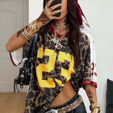 Vintage Leopard Print No.23 Football Jersey, Y2K Streetwear Breathable Mesh Top with New York Letter Print for Daily Casual Outfits, Sporty Top