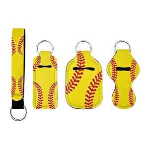4 Pack Softball Chapstick Holder Keychain for Girls, Neoprene Lip Balm Holder Set, Baseball Stitch Lipstick Sleeve with Clip, Portable Cosmetic Bag Accessories for Women