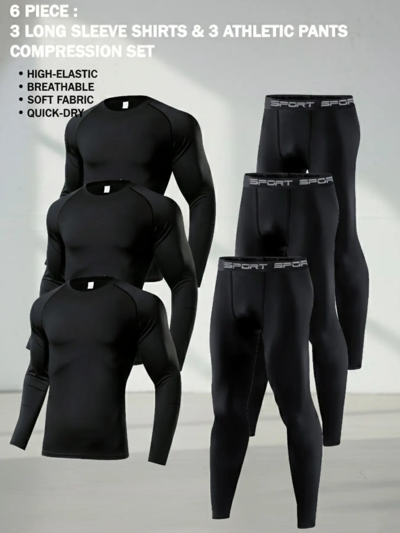 Men's 6 Piece Workout Set, Sportswear Set, Sports Clothing Set, Exercise Clothing Set, Yoga Gym Activewear, 3 Long Sleeve Shirts & 3 Athletic Pants, Skin-Fit Compression Design, Breathable Stretch for Gym, Running, Daily Active Wear, Black, Gift for Men