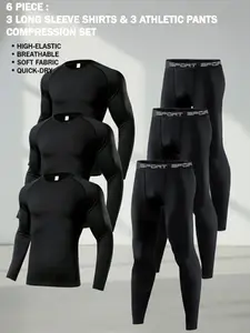 Men's 6 Piece Workout Set, Sportswear Set, Sporty Breathable Outfits, 3 Long Sleeve Shirts & 3 Athletic Pants, Skin-Fit Compression Design, Solid Color Soft Breathable Stretch for Gym Training, Running, Daily Active Wear, Black Set, Ideal Gift for Men