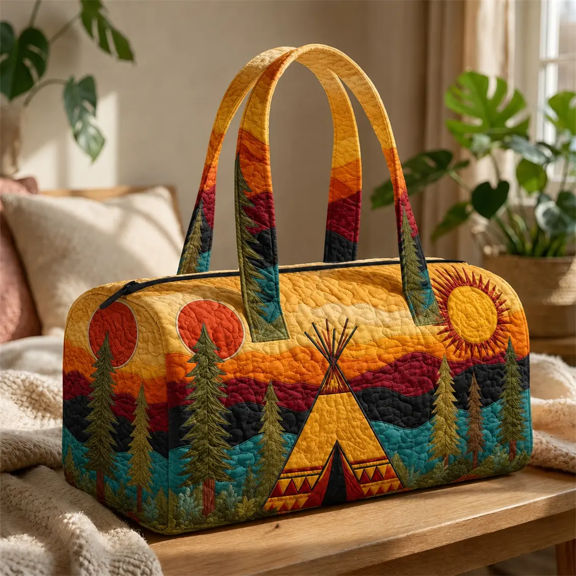 Quilted Weekender Bag for Women, Mountain Camping Tent Print Large Capacity Overnight Duffel Tote with Zipper, Lightweight Travel Carryall for Vacation, Gym & Daily Use