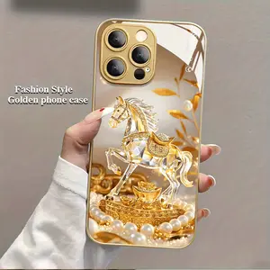Transparent Crystal Gold Horse Electroplated Glass Phone Case Suitable for iPhone 17 16,15,14,13,12,11 Plus Pro Max