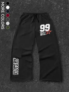 Men's Sporty Pants Letter Number Print, Casual Street Style, Fashionable Must-Have, All-Season Wear, Fitted H-Type, Sports Casual Pants