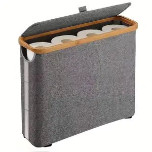 Large capacity folding tissue box with lid, space-saving modern bathroom storage, no installation required, durable wooden frame, gray fabric cover, multi-functional home storage, bathroom tissue storage container, Bathroom Tissue Dispenser