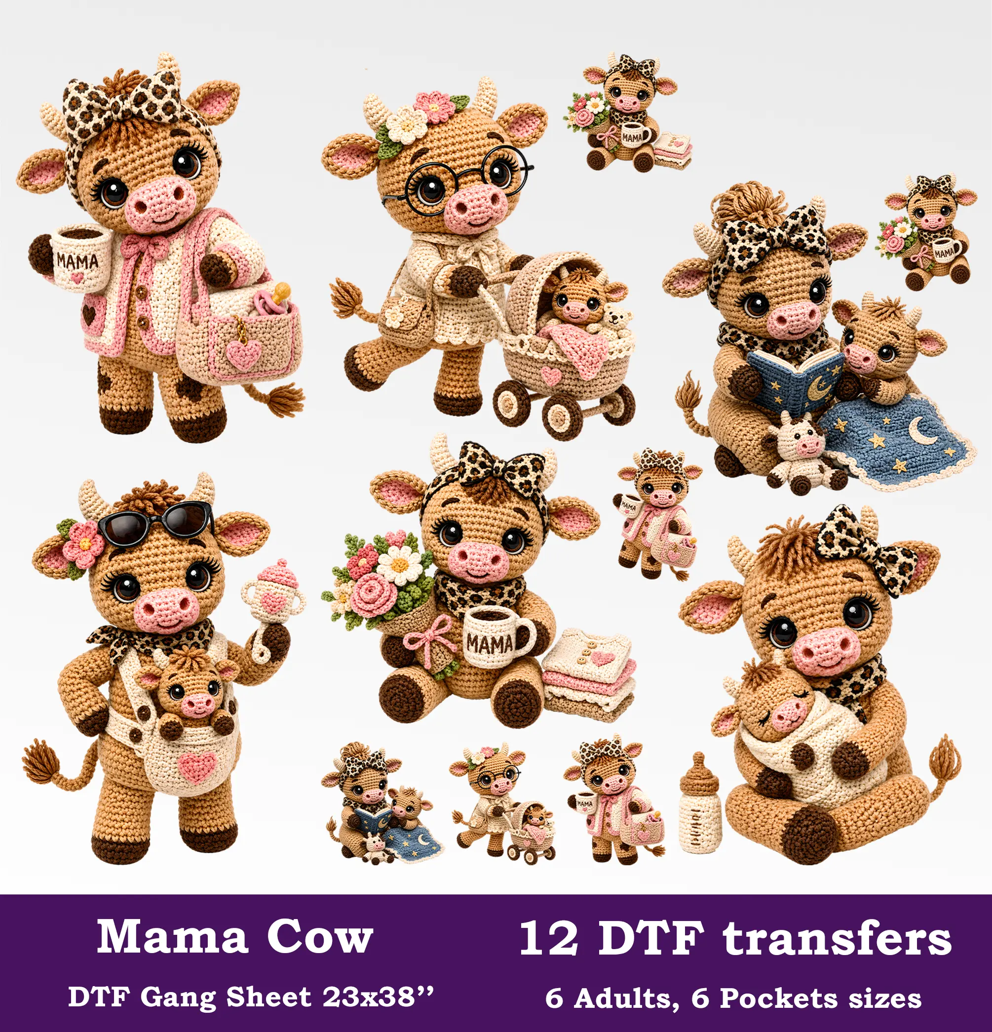Mama Cows DTF Gang Sheet, 23x38 in. Mothers Day Heat transfers