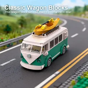 Classic Wagon Small Particle Building Blocks MOC Bus Travel Car Model Toy Set with Kayak Top for Kids