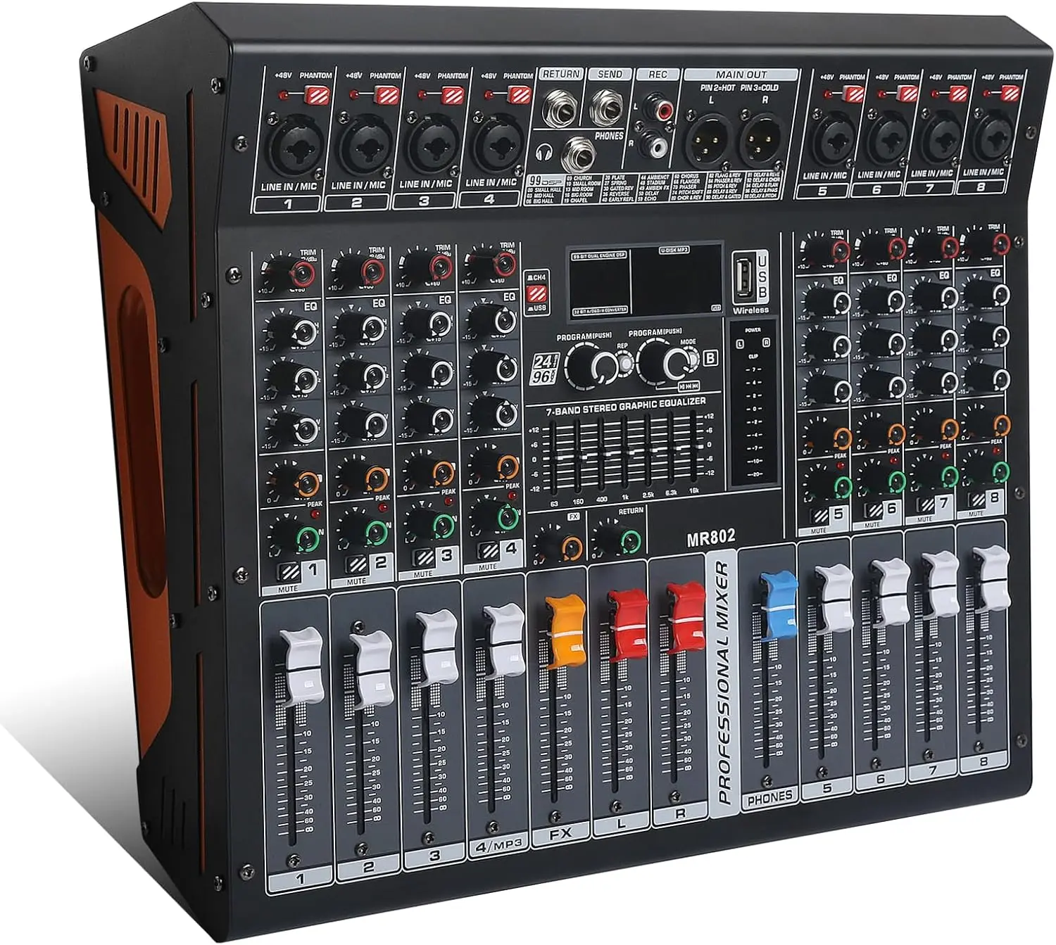 METYONLASER Durable 8-Channel Compact Port. Audio Mixer Board with Power Amplifier, 48V Phantom Power, USB Type-A Plug, EQ+Gain Per Channel, 99 FX Reverb/Delay & Sound Card for Streaming, Recording