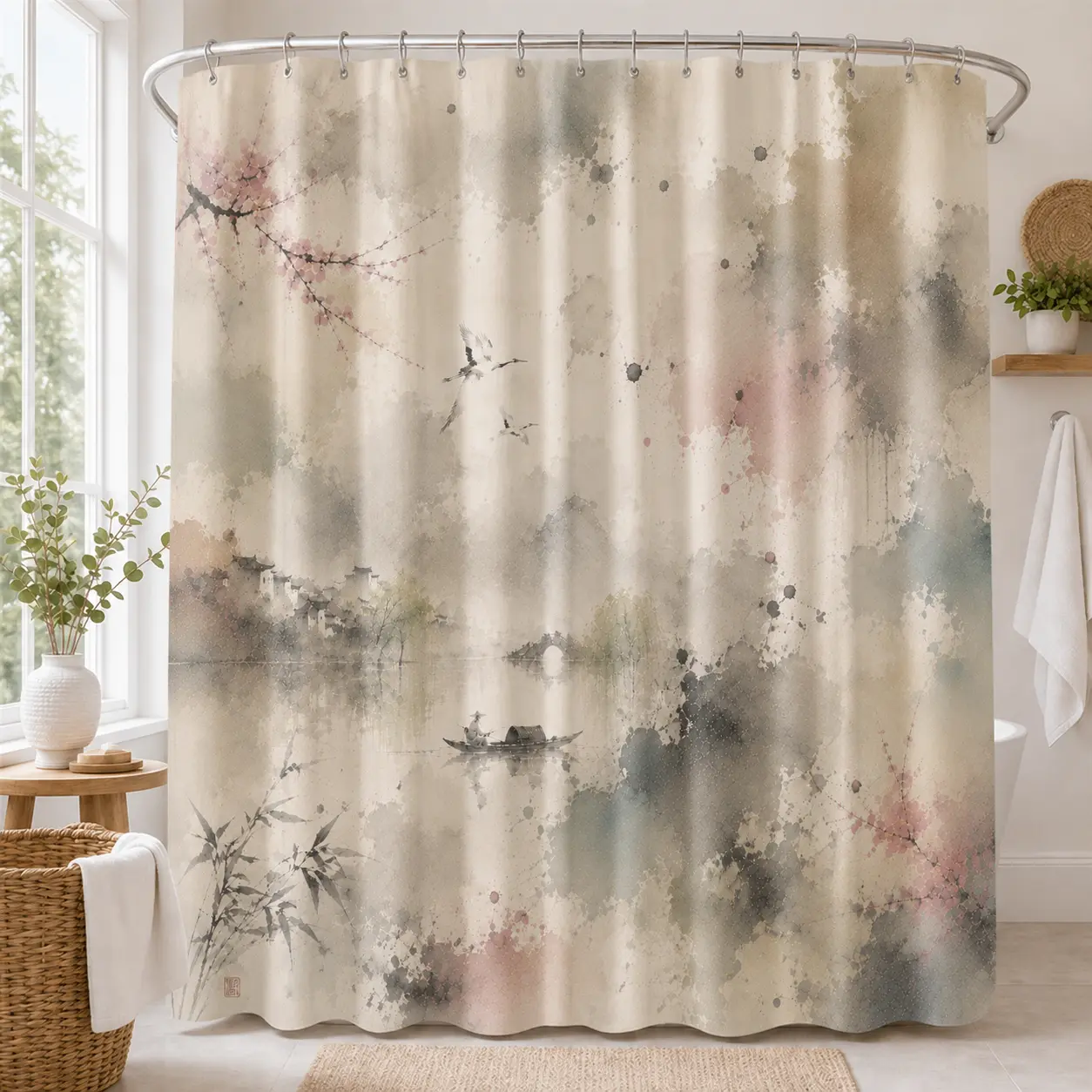 Multicolor Misty Ink Wash Landscape Shower Curtain, Crane and Plum Blossom Artistic Bathroom Decor, Serene Nature Scene Polyester Curtain for Bathrooms, Waterproof with 12 Hooks