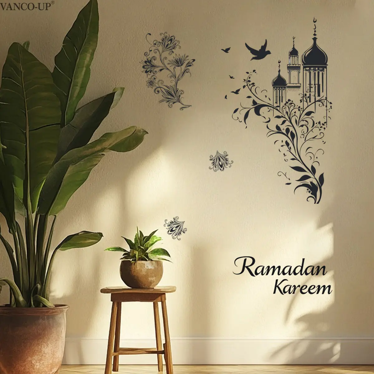 A (30*60cm) 2D flat new style Ramadan hand-painted simple black and white flower vine lantern bird Ramadan Kareem creative home bedroom living room wall sticker entrance corridor decoration background wall sticker M20767-KR