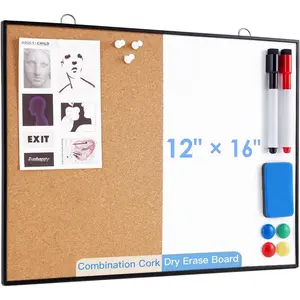 Cork Board White Board Combo, 12"X16" Small Bulletin Board for Wall, Double-Sided  Dry Erase Corkboard, Vision Whiteboard for Office,,School, Black