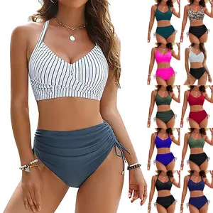 Women's Two-Piece Swimsuit Set Sexy High-Waisted Drawstring Design Bikini Set