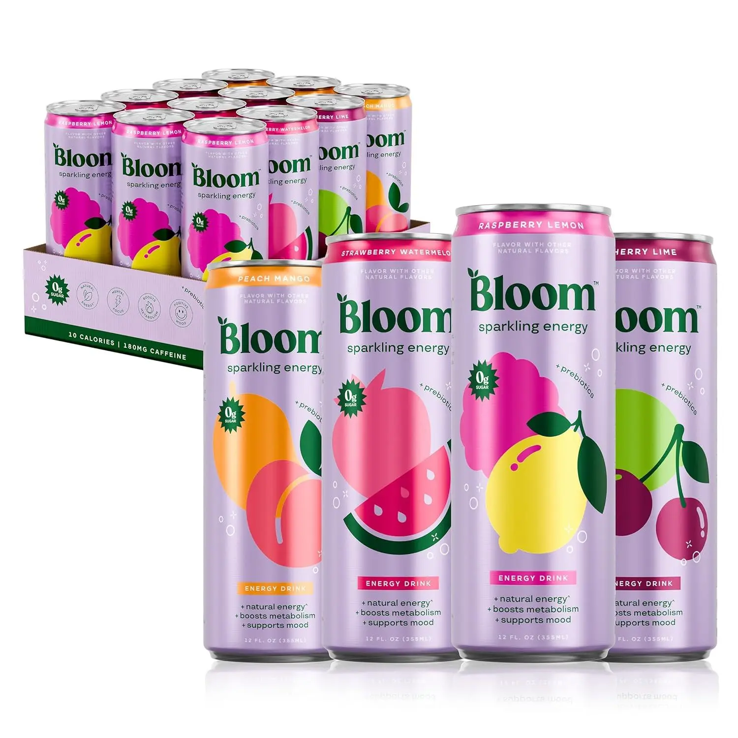 Bloom Nutrition Sparkling Energy Drink - Apple Crisp / Glacier Crush Variety Pack - Natural Caffeine, Zero Sugar, 180mg Caffeine - Antioxidant-Rich with Green Coffee Bean, Green Tea Extract, Prebiotics - 12oz 12 Pack