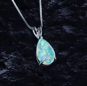 White Opal Pendant Necklace Minimalist Teardrop Opalite Women Silver Jewelry