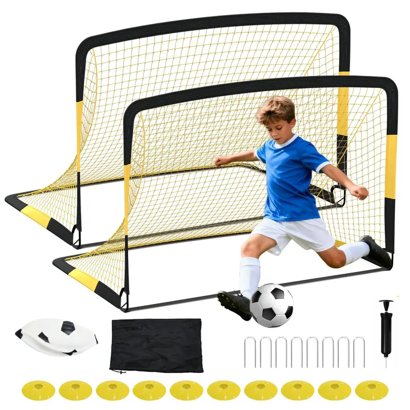 a set of indoor miniature toy , packaged in a cardboard box, a simple air pump, a small plastic soccer ball, and a net. dimensions: 60cm wide x 40cm high. easy to