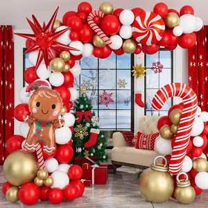 Christmas Balloon Garland Arch Kit with Red White Golden Balloons and Starburst Balloons for Party Decorations