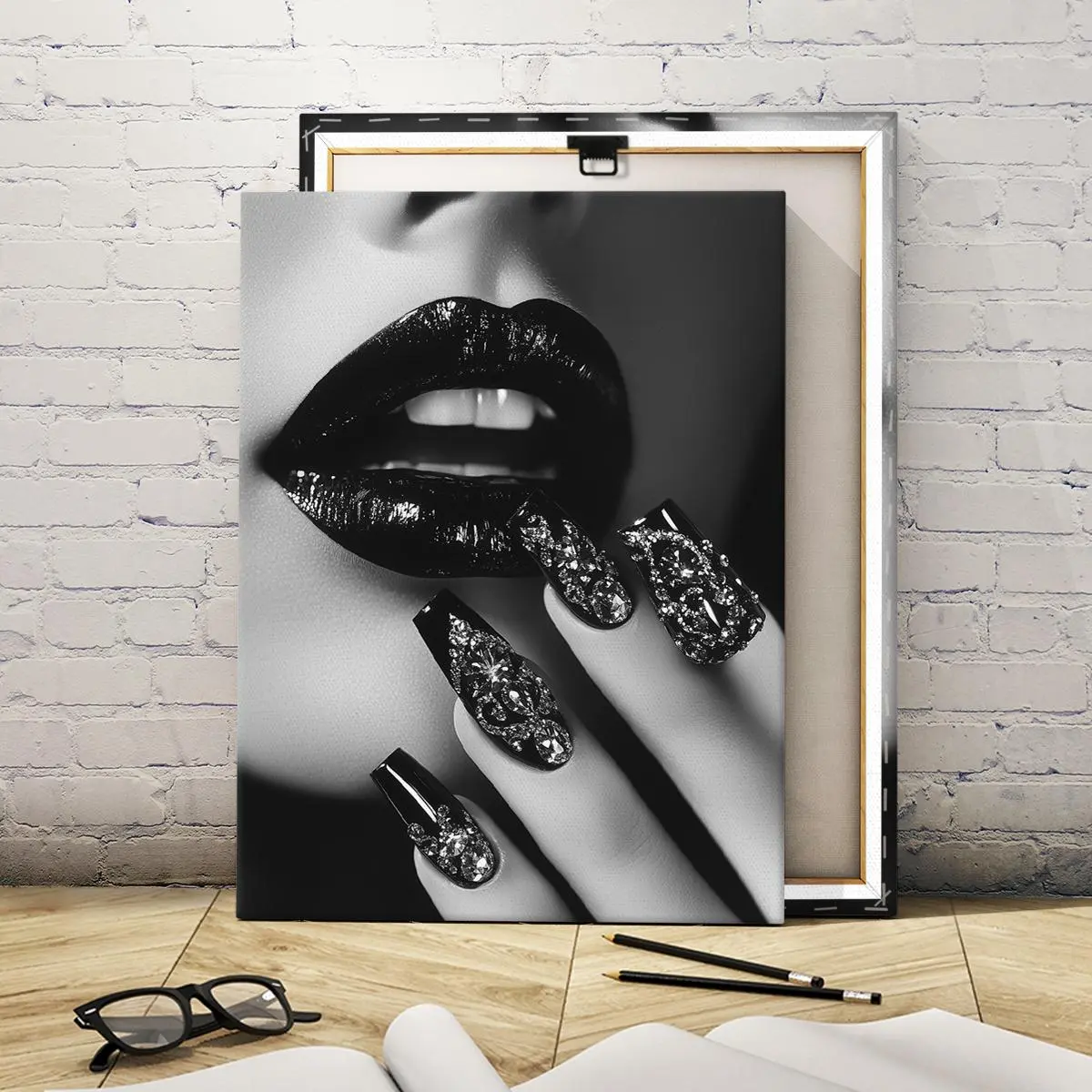 Wooden Framed Canvas Painting, Black-toned Nail and Lip Glamour Poster, Print, Modern Art, Art Work For Wall Decor, Fashion Decoration, Ornaments, Wooden Wall Art, Modern Home Decor, Decoration Items