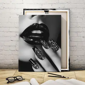 Wooden Framed Canvas Painting, Fashionable Black-toned Nail and Lip Glamour Poster, Print, Modern Art, Fashion Decoration, Living Room Bedroom Decoration, Ornaments, Wooden Wall Art, Modern Home Decor