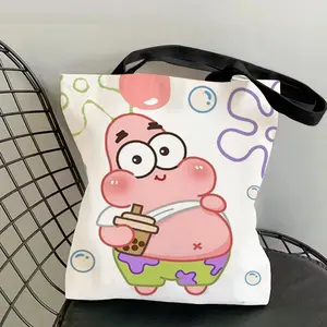 Cartoon Animation S-Sponge-Bob Storage Bags Canvas Double-Sided Print Tote Bag Large Capacity Shoulder Students Festive Fashion Eco Outdoor Picnic Travel High Quality Shopping Handbag Machine Washable Foldable Reusable
