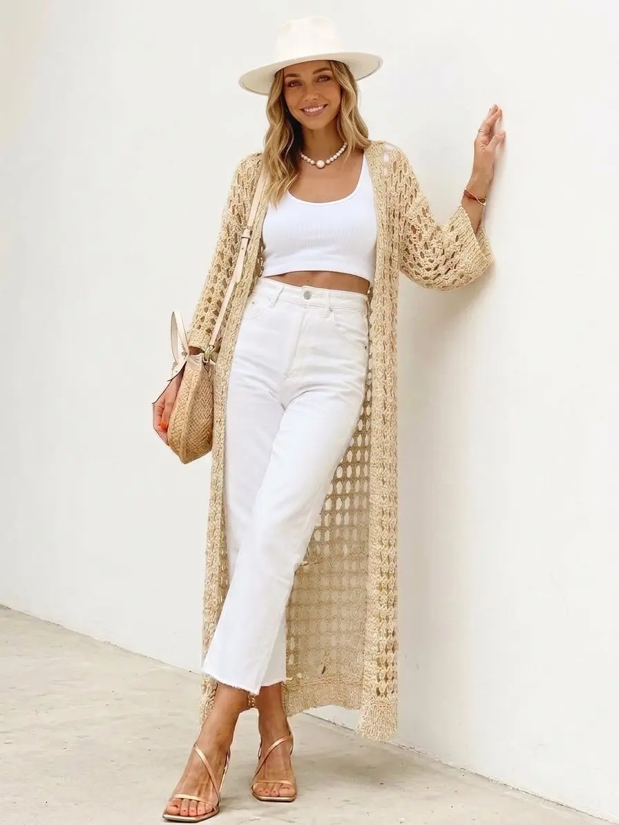 IDEALSANXUN Women's Crochet Cardigan, Bohemian Longline Oversized V-Neck Knit Sweater, Lightweight Beach Cover-Up with Pockets, Crochet Detail Women's Cardigans, Open-Front, Beachy Crochet, Breathable Hollow
