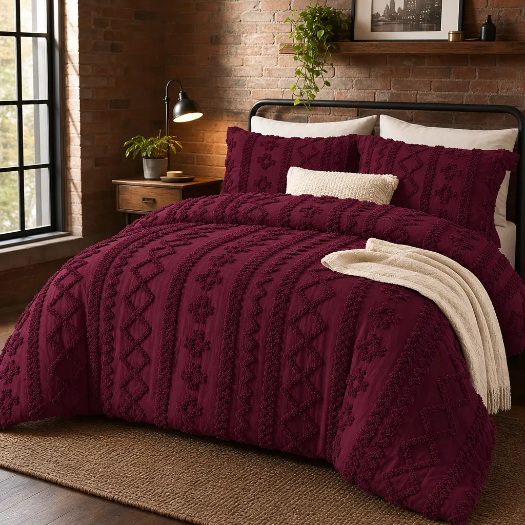 Queen Size Boho Tufted GentleSoft Navy 3-Piece Fabric Bedding Set - Jacquard Soft Farmhouse Embroidery All-Seasons Comforter, Bedroom Decor, Bedding Sets Collections, Gift for Women