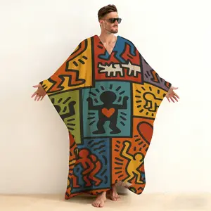 Men's V-Neck Geometric Abstract Art Print Pullover Flannel Robe, Closed Front Long Sleeve Minimalist Pattern Loungewear, Soft Brushed Cotton Kaftan Sleepshirt