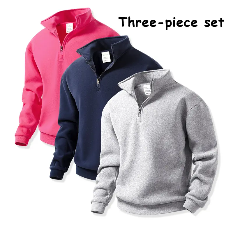 Men’s quarter zip stand collar sweatshirts, 3-pack — soft fleece, long sleeves, pullover tops, loose casual athletic workout style, value pack, plain basic warm streetwear collared sweatshirt