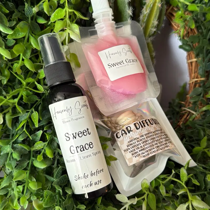 Sweet Grace Fragrance Bundle - Includes Sweet Grace Spray, Squeezable Wax and Car Diffuser ! Linen Refreshing sweet grace Scented Squeeze Melts luxurious fragrance