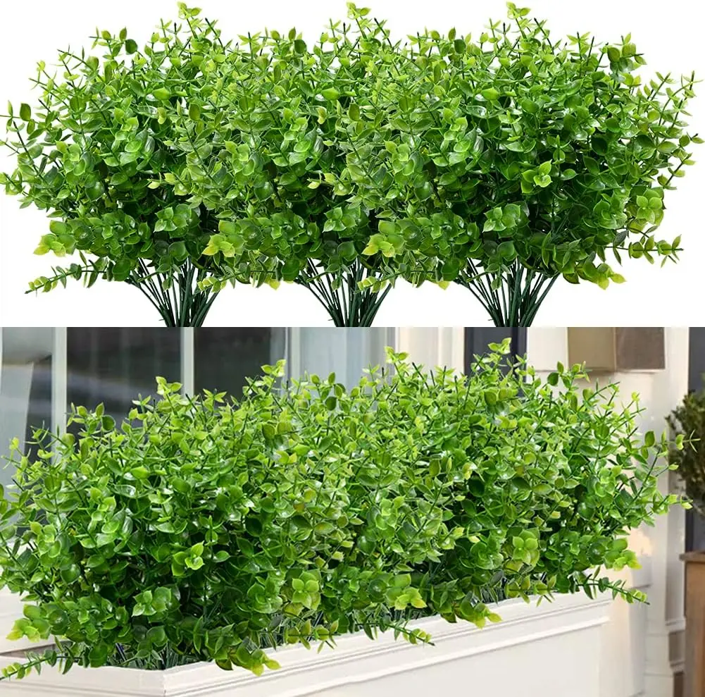 7-Pack UV-Resistant Outdoor Artificial Boxwood Bouquet, Faux Plastic Greenery Stems for Indoor Garden Decor, Hanging Plants, Porch Window Box Home Use