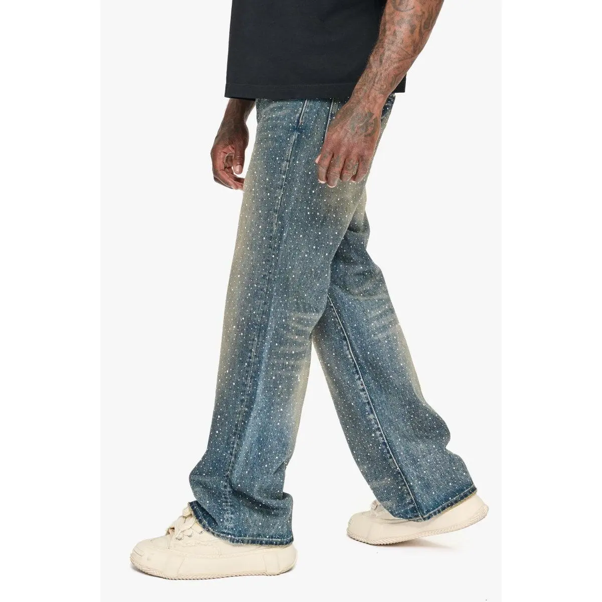 Convince Men's Baggy Jeans in Dark Vintage Blue, Oversized Streetwear Denim with Rhinestone Embellishments and Stacked Leg, Menswear, Baggy Fit, Drape