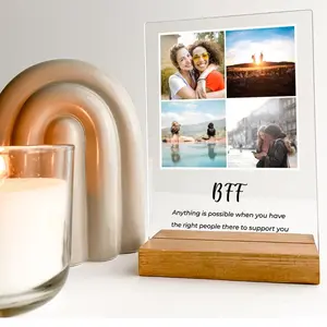 Personalized 4 Photo Collage Custom Picture Frame – Clear Acrylic Photo Plaque with Wood Base – Birthday Gift, Anniversary, Family, Wedding, Graduation, Desk or Table Display