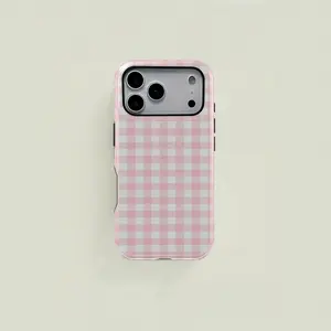 1 pc pink plaid double-layer protective case Shockproof Phone Cover, Accessories, two-in-one protective case, suitable for iPhone 17 16 15 Pro 14 Plus 15 Plus 16Plus 17Plus Samsung Galaxy S25 S24 S23 Ultra series protective case