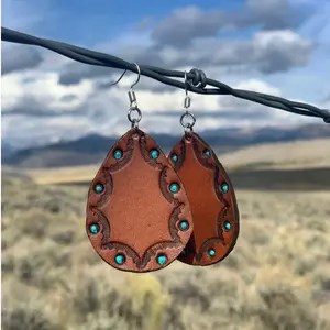 Tooled Leather Earrings-Turquoise blue-brown hand painted-Native style-Western jewelry Female