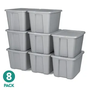 Sterilite Large Storage Bin, 18 Gallon Durable Plastic Storage Tote with Snap-On Lid, Gray, 8 pack