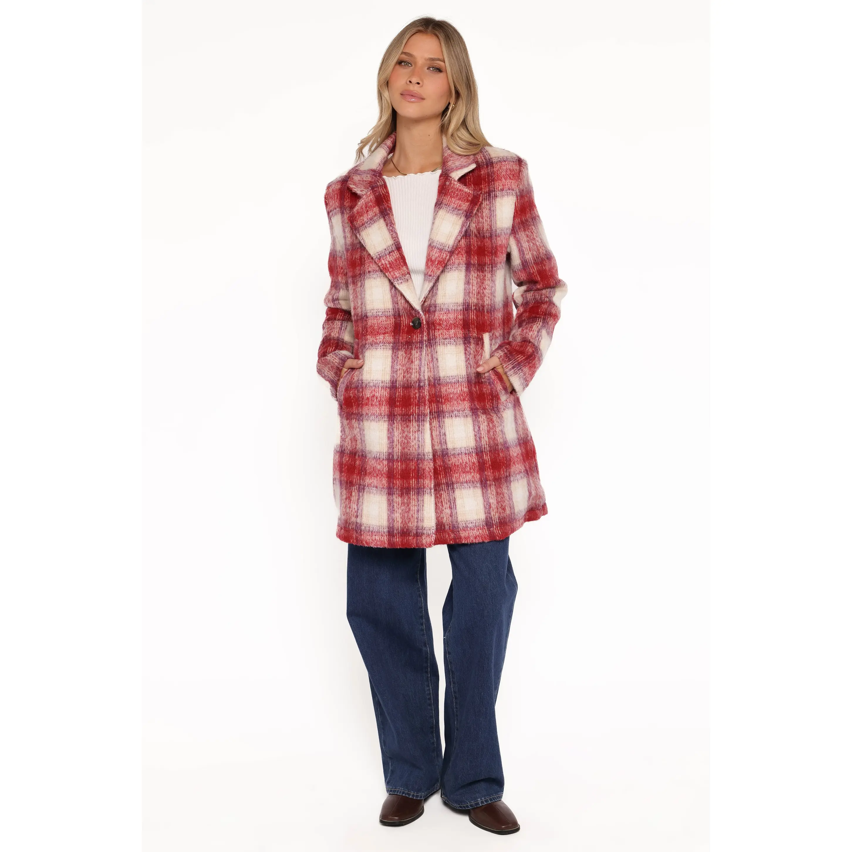 Travistine Long Plaid Coat - Pink