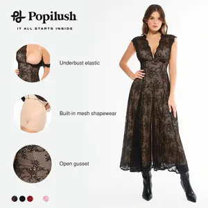 Popilush Shapewear Boho Floral Lace Maxi Dress - A-Line Front Slit Waist Smoothing & Bust Support Formal Soft