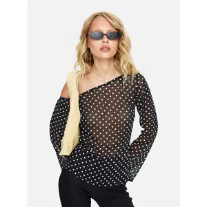 Shiona Sheer One Shoulder Long Sleeve Top Black Polka